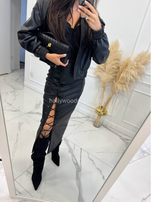 Czarna spódnica maxi skórzana z wiązaniem przez przód FLORKA 39 - photo #4
