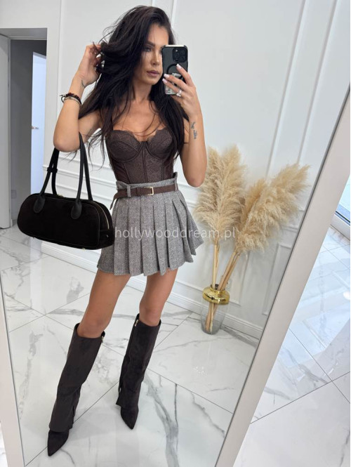 Czekoladowo-kremowa spódniczka mini plisowana w jodełkę HELENA 19 - photo #35