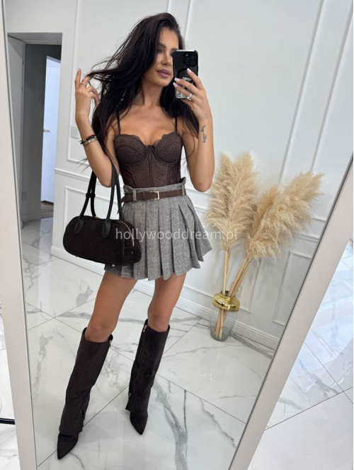 Czekoladowo-kremowa spódniczka mini plisowana w jodełkę HELENA 19 - photo #36