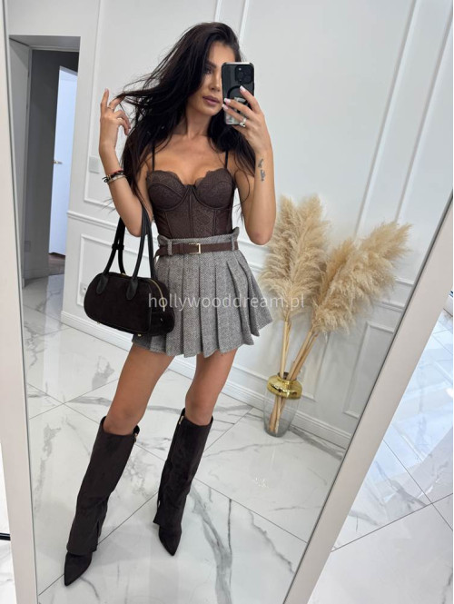 Czekoladowo-kremowa spódniczka mini plisowana w jodełkę HELENA 19 - photo #37