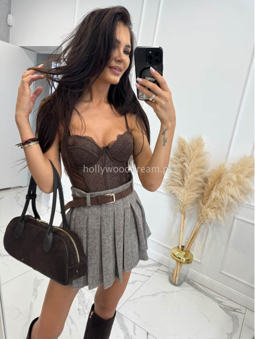 Czekoladowo-kremowa spódniczka mini plisowana w jodełkę HELENA 19 - photo #38