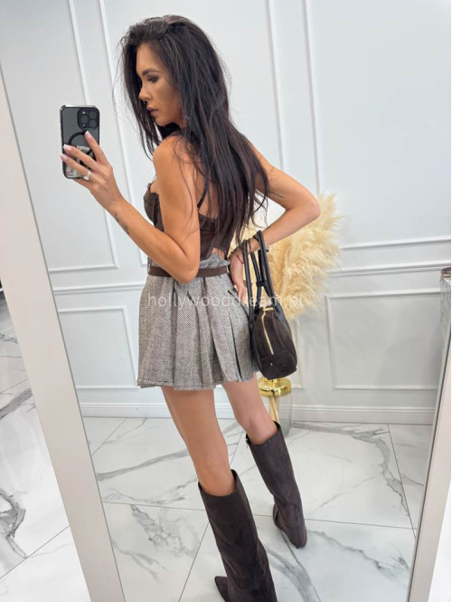 Czekoladowo-kremowa spódniczka mini plisowana w jodełkę HELENA 19 - photo #42