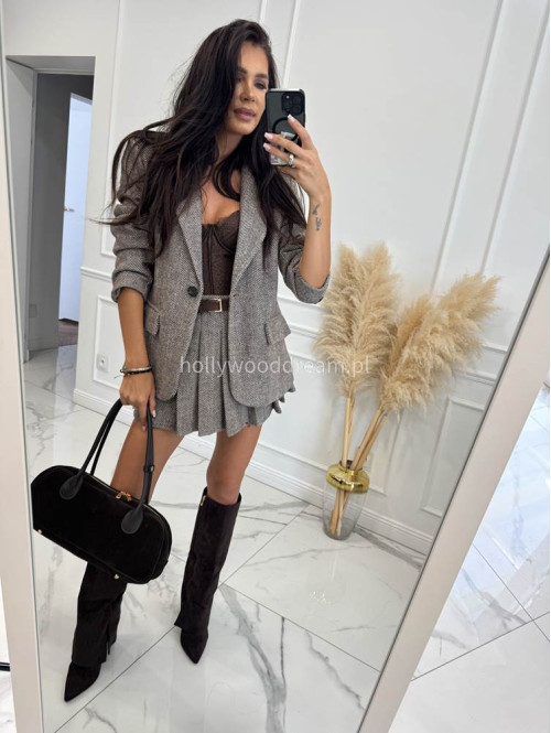 Czekoladowo-kremowa spódniczka mini plisowana w jodełkę HELENA 19 - photo #44