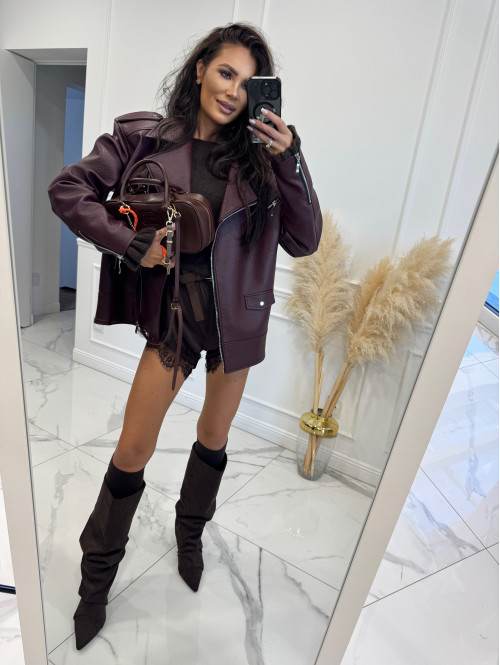 Kurtka oversize zapinana na zamek z kieszeniami, skóra węża bordowa KESJA 25