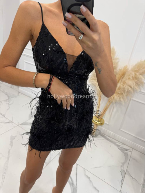 Czarna sukienka dopasowana na ramiączkach z cekinami i piórami DIAMOND 01 - photo #8