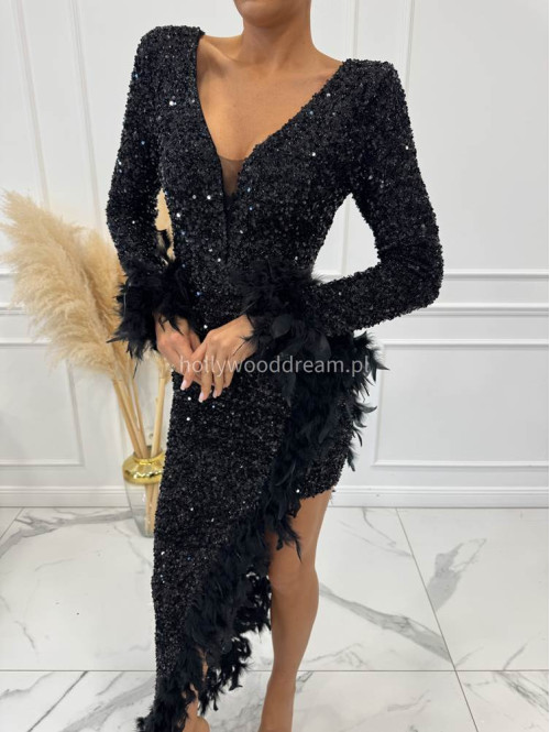 Czarna sukienka asymetryczna cekinowa z piórami Amanda 24 - photo #13