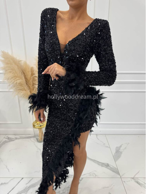 Czarna sukienka asymetryczna cekinowa z piórami Amanda 24 - photo #14