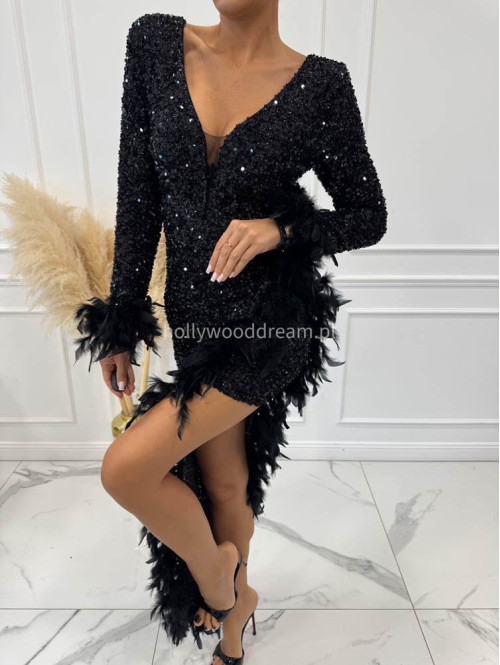 Czarna sukienka asymetryczna cekinowa z piórami Amanda 24 - photo #15