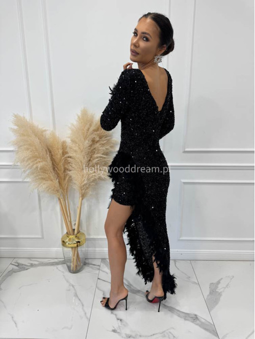 Czarna sukienka asymetryczna cekinowa z piórami Amanda 24 - photo #21