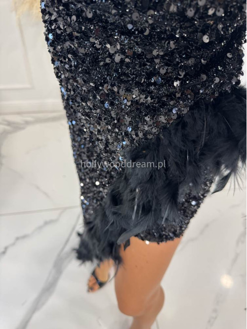 Czarna sukienka asymetryczna cekinowa z piórami Amanda 24 - photo #32