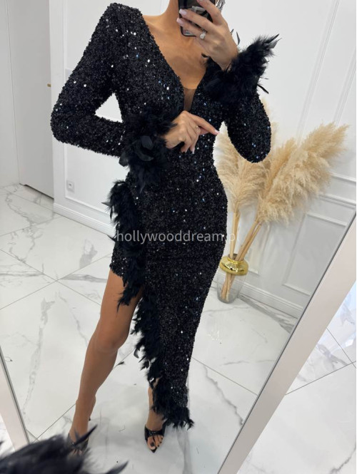 Czarna sukienka asymetryczna cekinowa z piórami Amanda 24 - photo #33