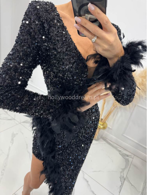 Czarna sukienka asymetryczna cekinowa z piórami Amanda 24 - photo #34