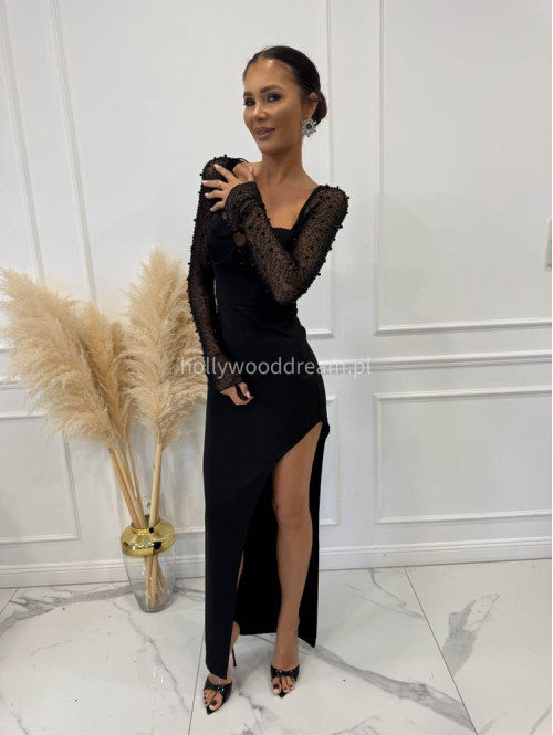 Czarna sukienka maxi z dużym rozcięciem po boku i ozdobnymi rękawami ANGEL 17 - photo #1