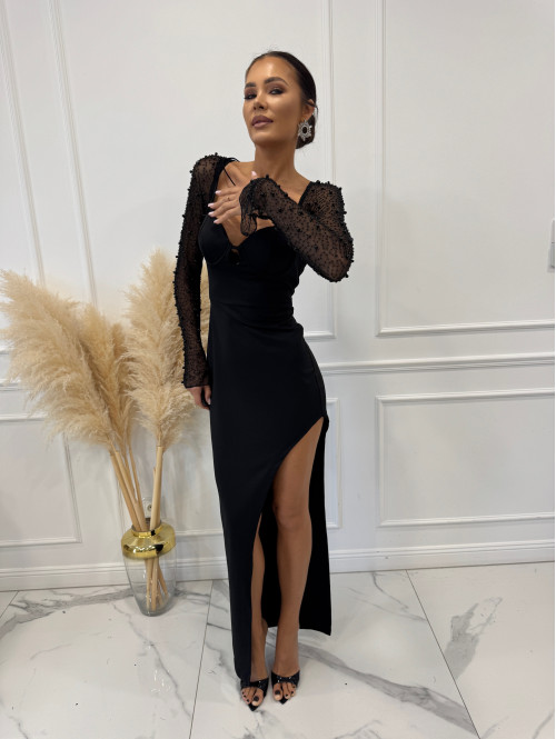 Czarna sukienka maxi z dużym rozcięciem po boku i ozdobnymi rękawami ANGEL 17 - photo #13