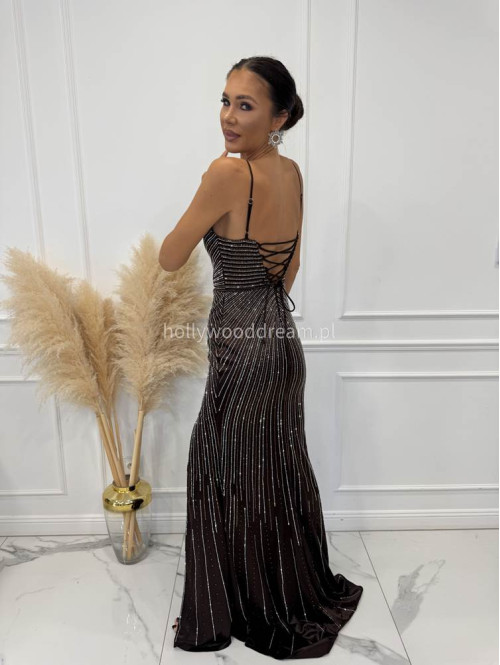 Czekoladowa sukienka maxi na ramiączkach z cyrkoniami i wiązanymi plecami LUXURY 01 - photo #7