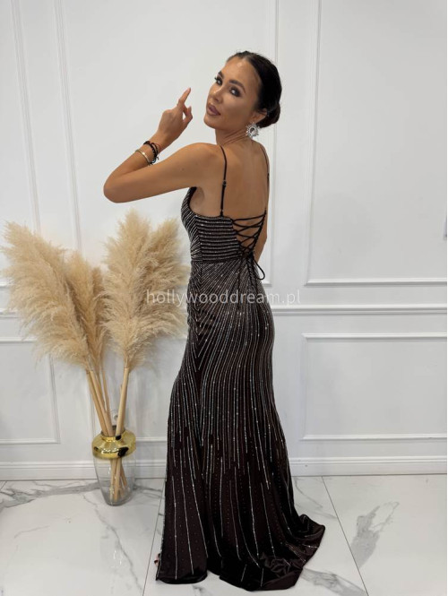 Czekoladowa sukienka maxi na ramiączkach z cyrkoniami i wiązanymi plecami LUXURY 01 - photo #8