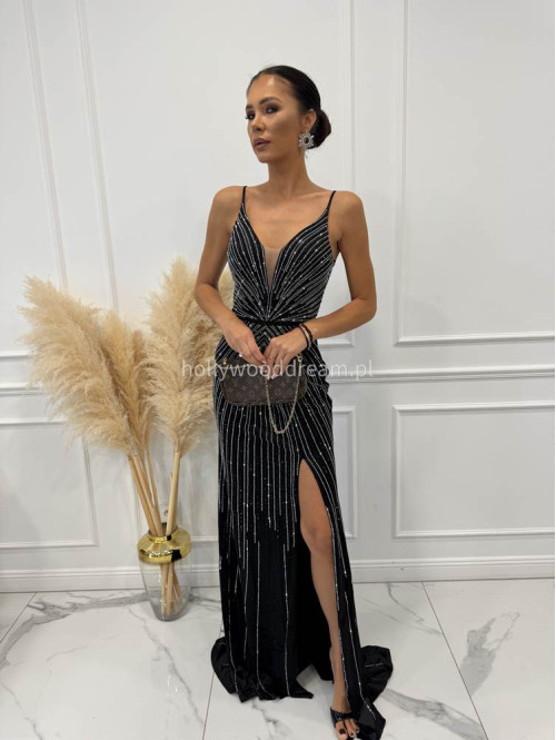 Czarna sukienka maxi na ramiączkach z cyrkoniami i wiązanymi plecami LUXURY 01 - photo #2