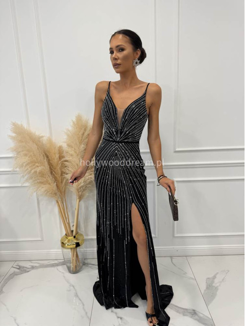 Czarna sukienka maxi na ramiączkach z cyrkoniami i wiązanymi plecami LUXURY 01 - photo #3