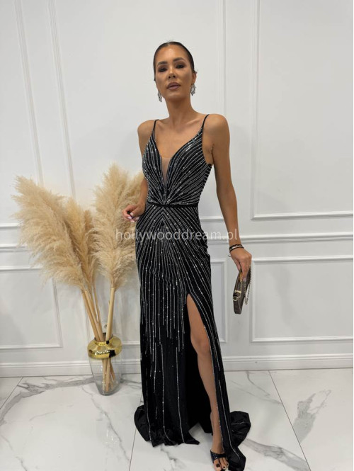 Czarna sukienka maxi na ramiączkach z cyrkoniami i wiązanymi plecami LUXURY 01 - photo #4