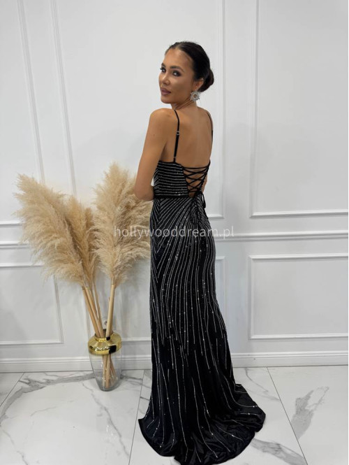 Czarna sukienka maxi na ramiączkach z cyrkoniami i wiązanymi plecami LUXURY 01 - photo #6