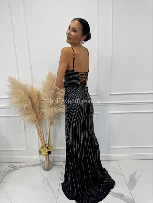 Czarna sukienka maxi na ramiączkach z cyrkoniami i wiązanymi plecami LUXURY 01 - photo #7