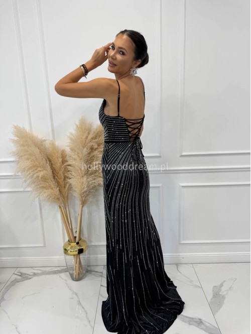 Czarna sukienka maxi na ramiączkach z cyrkoniami i wiązanymi plecami LUXURY 01 - photo #8