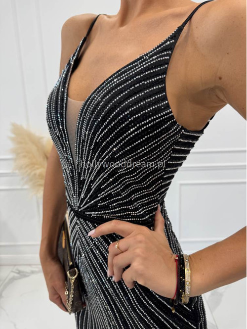 Czarna sukienka maxi na ramiączkach z cyrkoniami i wiązanymi plecami LUXURY 01 - photo #10