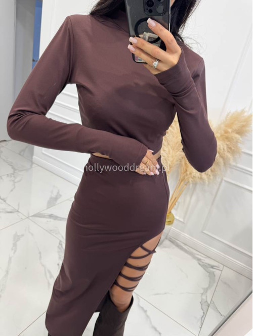 Czekoladowy komplet elegancki top+spódnica midi WIKTORIA 169 - photo #1