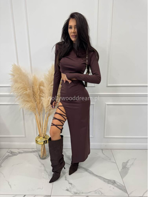 Czekoladowy komplet elegancki top+spódnica midi WIKTORIA 169 - photo #9