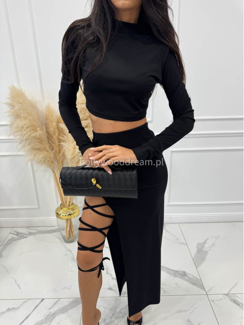 Czarny komplet elegancki top+spódnica midi WIKTORIA 169 - photo #1