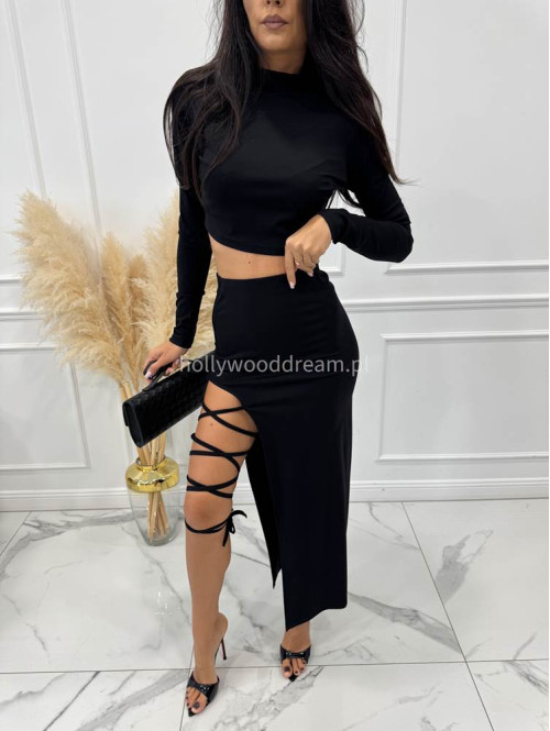 Czarny komplet elegancki top+spódnica midi WIKTORIA 169 - photo #2