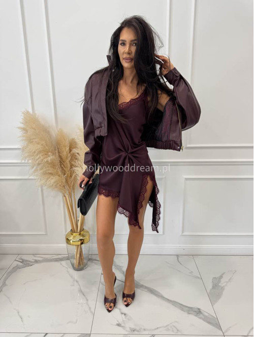 Bordowa sukienka satynowa z jednym dłuższym bokiem i koronkową lamówką ANGELA 06 - photo #1