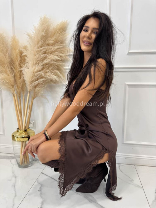 Brązowa sukienka satynowa z jednym dłuższym bokiem i koronkową lamówką ANGELA 06 - photo #1