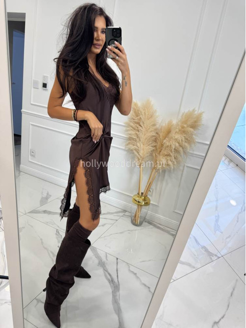 Brązowa sukienka satynowa z jednym dłuższym bokiem i koronkową lamówką ANGELA 06 - photo #8