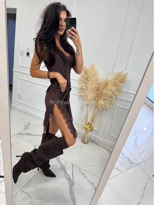 Brązowa sukienka satynowa z jednym dłuższym bokiem i koronkową lamówką ANGELA 06 - photo #9