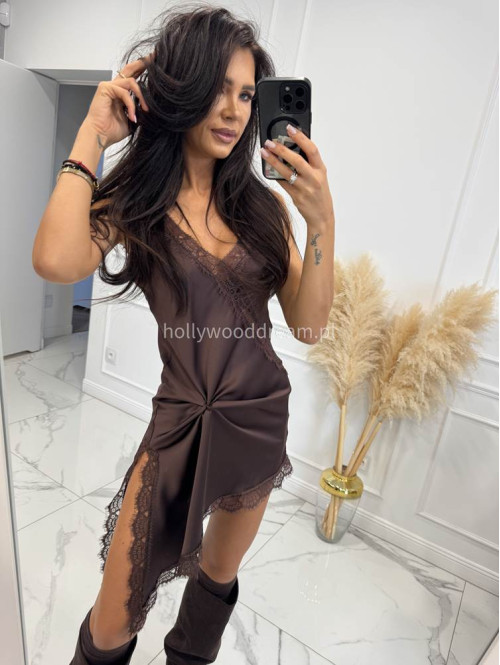 Brązowa sukienka satynowa z jednym dłuższym bokiem i koronkową lamówką ANGELA 06 - photo #11