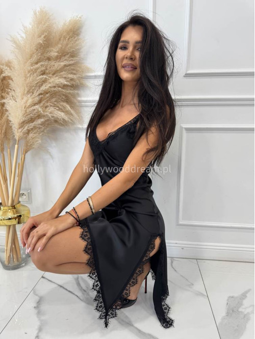 Czarna sukienka satynowa z jednym dłuższym bokiem i koronkową lamówką ANGELA 06 - photo #2