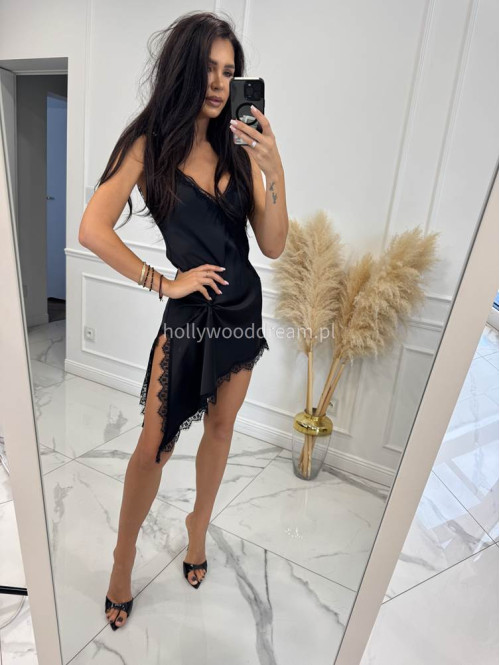 Czarna sukienka satynowa z jednym dłuższym bokiem i koronkową lamówką ANGELA 06 - photo #8