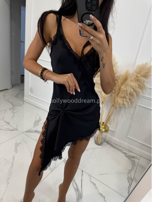 Czarna sukienka satynowa z jednym dłuższym bokiem i koronkową lamówką ANGELA 06 - photo #10