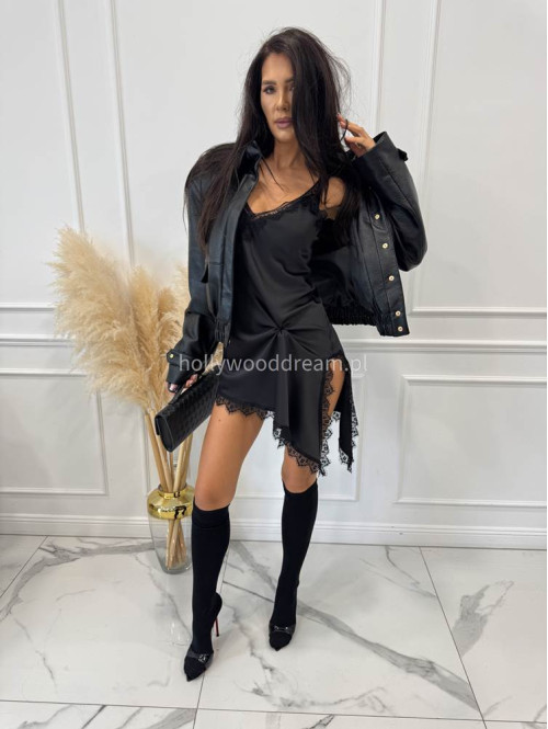 Czarna sukienka satynowa z jednym dłuższym bokiem i koronkową lamówką ANGELA 06 - photo #11