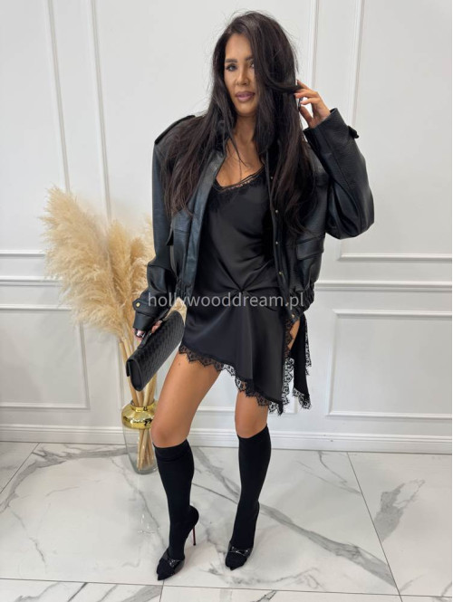 Czarna sukienka satynowa z jednym dłuższym bokiem i koronkową lamówką ANGELA 06 - photo #15