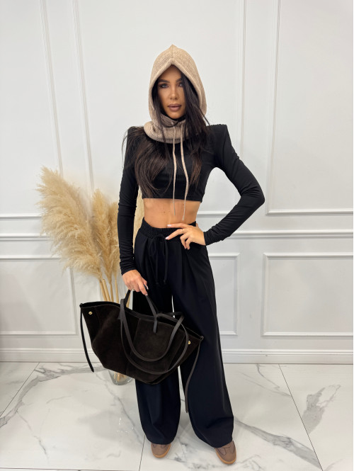 Czarny komplet z wiskozą crop top + spodnie Comfy 173