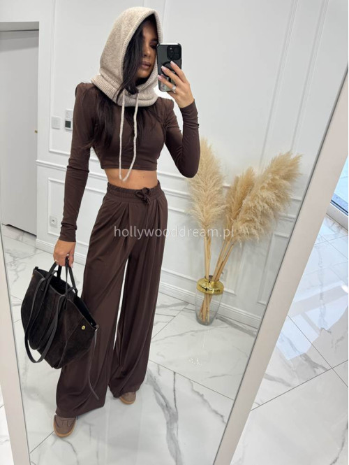 Czekoladowy komplet z wiskozą crop top + spodnie Comfy 173 - photo #1