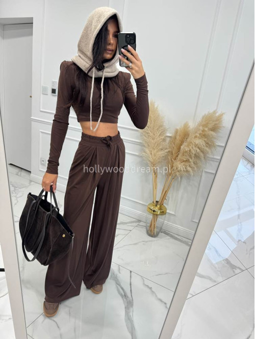 Czekoladowy komplet z wiskozą crop top + spodnie Comfy 173 - photo #2