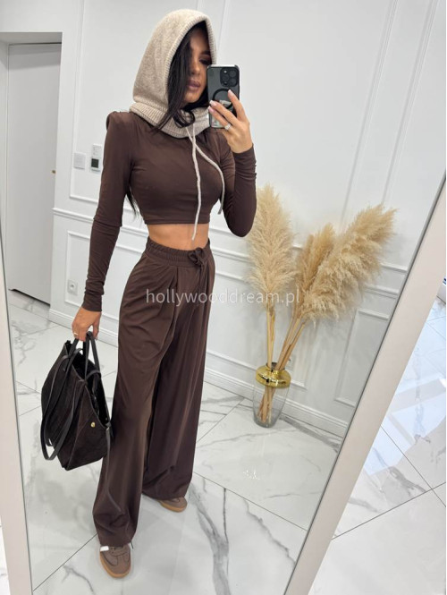 Czekoladowy komplet z wiskozą crop top + spodnie Comfy 173 - photo #11