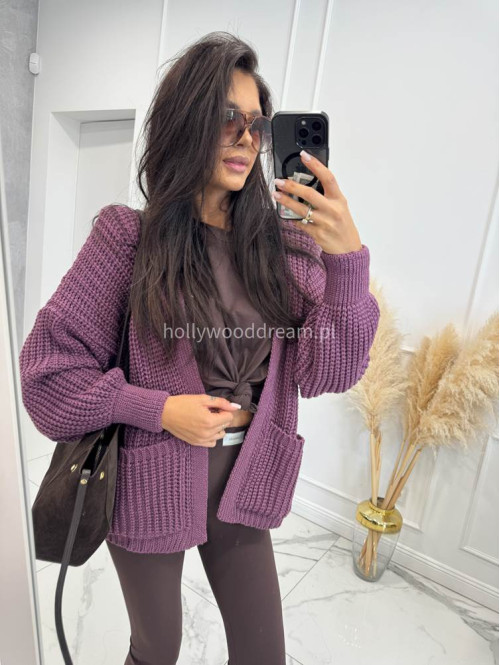 Fioletowy kardigan z dużymi kieszeniami i warkoczowym splotem LUNA 44 - photo #4