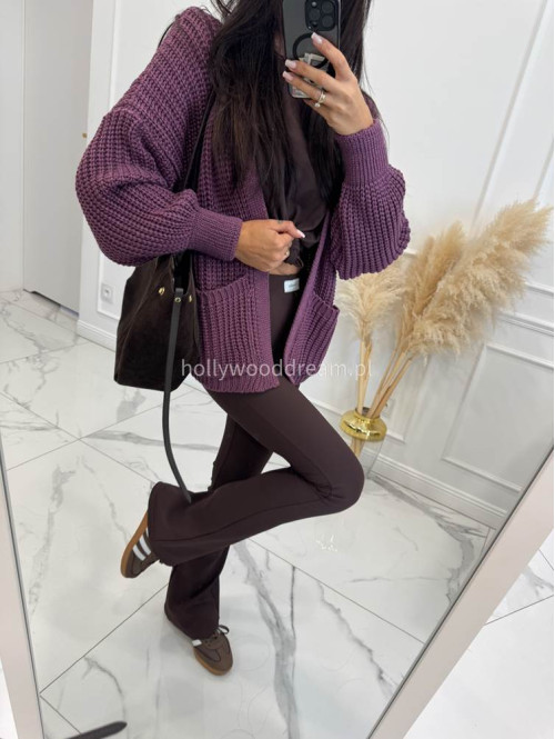 Fioletowy kardigan z dużymi kieszeniami i warkoczowym splotem LUNA 44 - photo #6