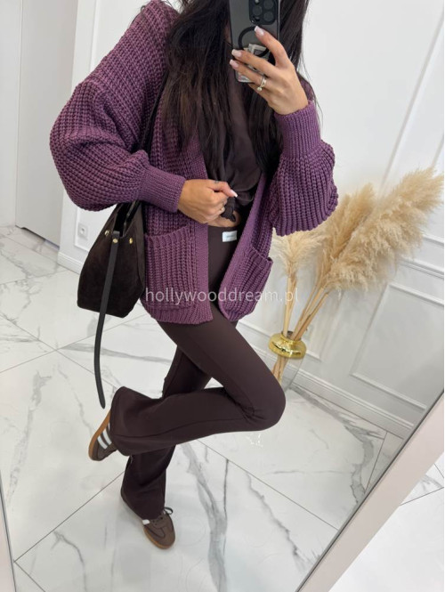 Fioletowy kardigan z dużymi kieszeniami i warkoczowym splotem LUNA 44 - photo #7