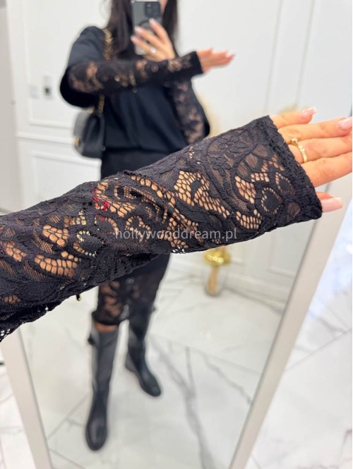 Czarny komplet bluzka z koronkowymi rękawami + koronkowa spódnica LACE 44 - photo #4