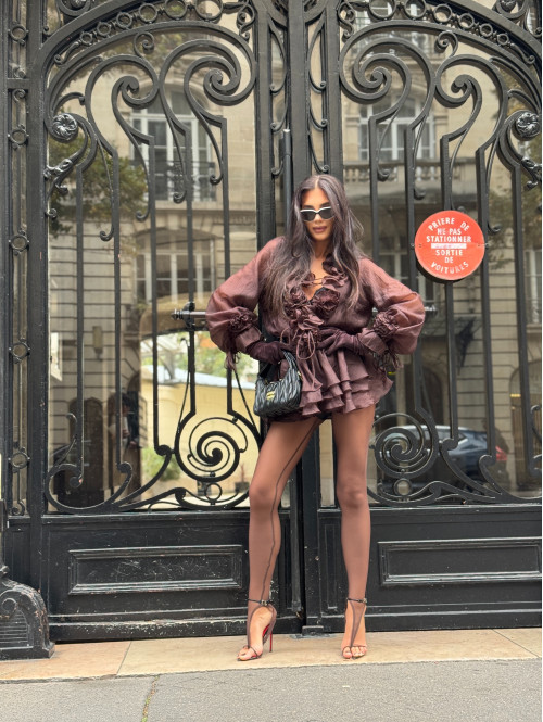 Sukienka z wiązaniem, różami i falbanami + spodenki czekoladowa ROSALINE 09 - photo #21